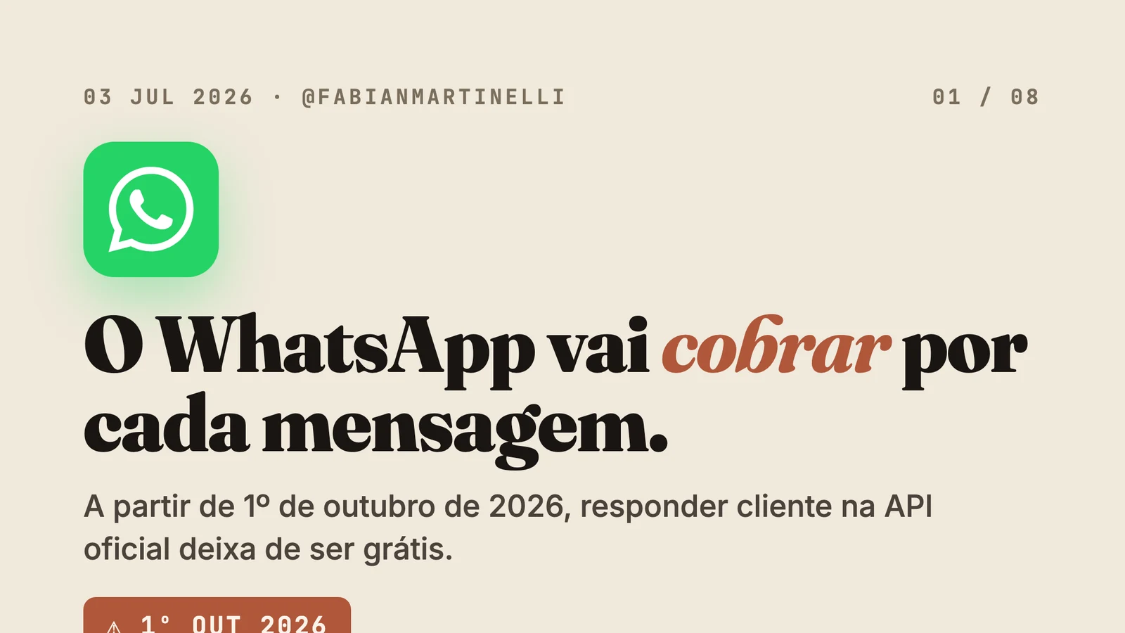 WhatsApp vai cobrar por mensagem a partir de outubro de 2026